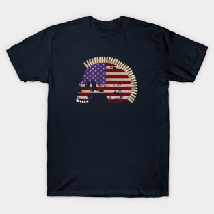 Skull with Mohawk of Bullets in Vintage American Flag Pattern T-Shirt